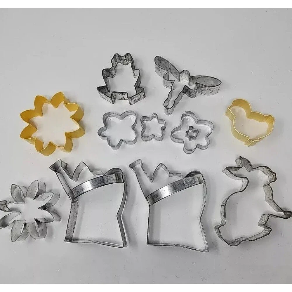Vintage Metal Cookie Cutter Lot of 11 Spring Bunny Chick Flowers Frog Dragonfly